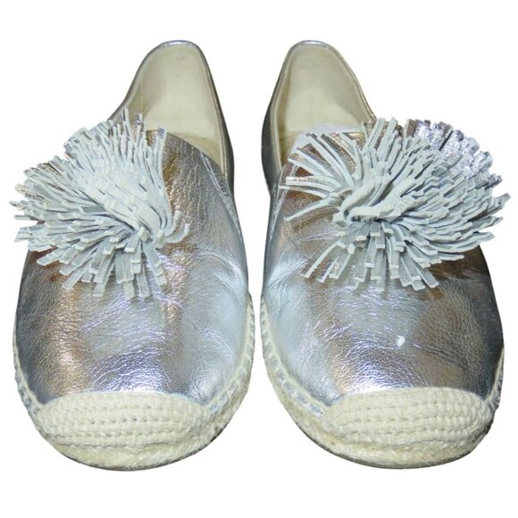 Michael Kors Lolita Silver Metallic Leather Pom Pom Espadrilles size 9.5 Slip On - Picture 2 of 10